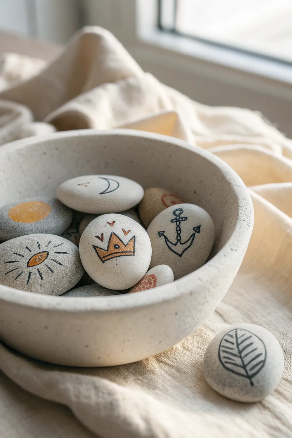 Minimalist storytelling prompt stones, hand painted icons in a bowl for open ended clay games.