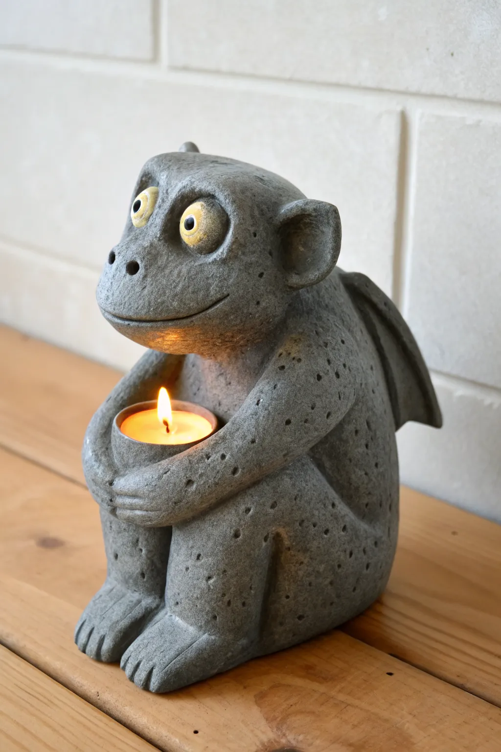 Chunky clay gargoyle lantern with softly glowing eyes, minimalist boho charm for cozy nights.