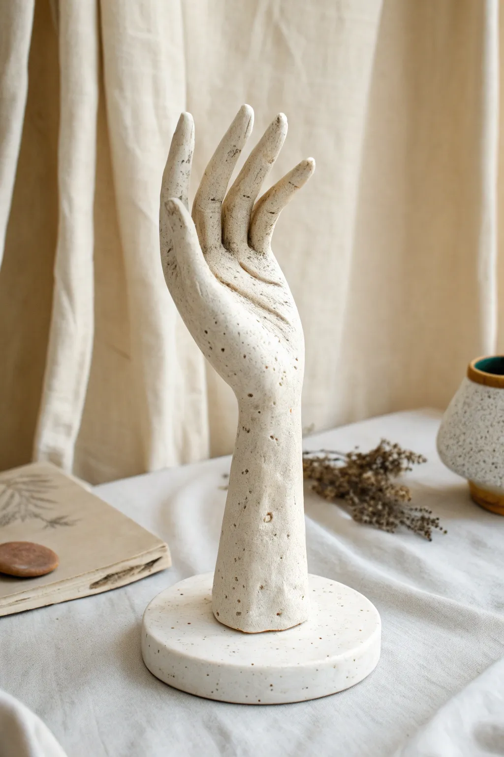 Graceful elongated-finger hand sculpture in matte clay, minimalist boho statement for any shelf