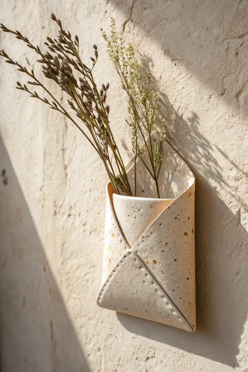 Minimal folded-slab wall pocket vase with delicate stems, soft light, and handcrafted texture.