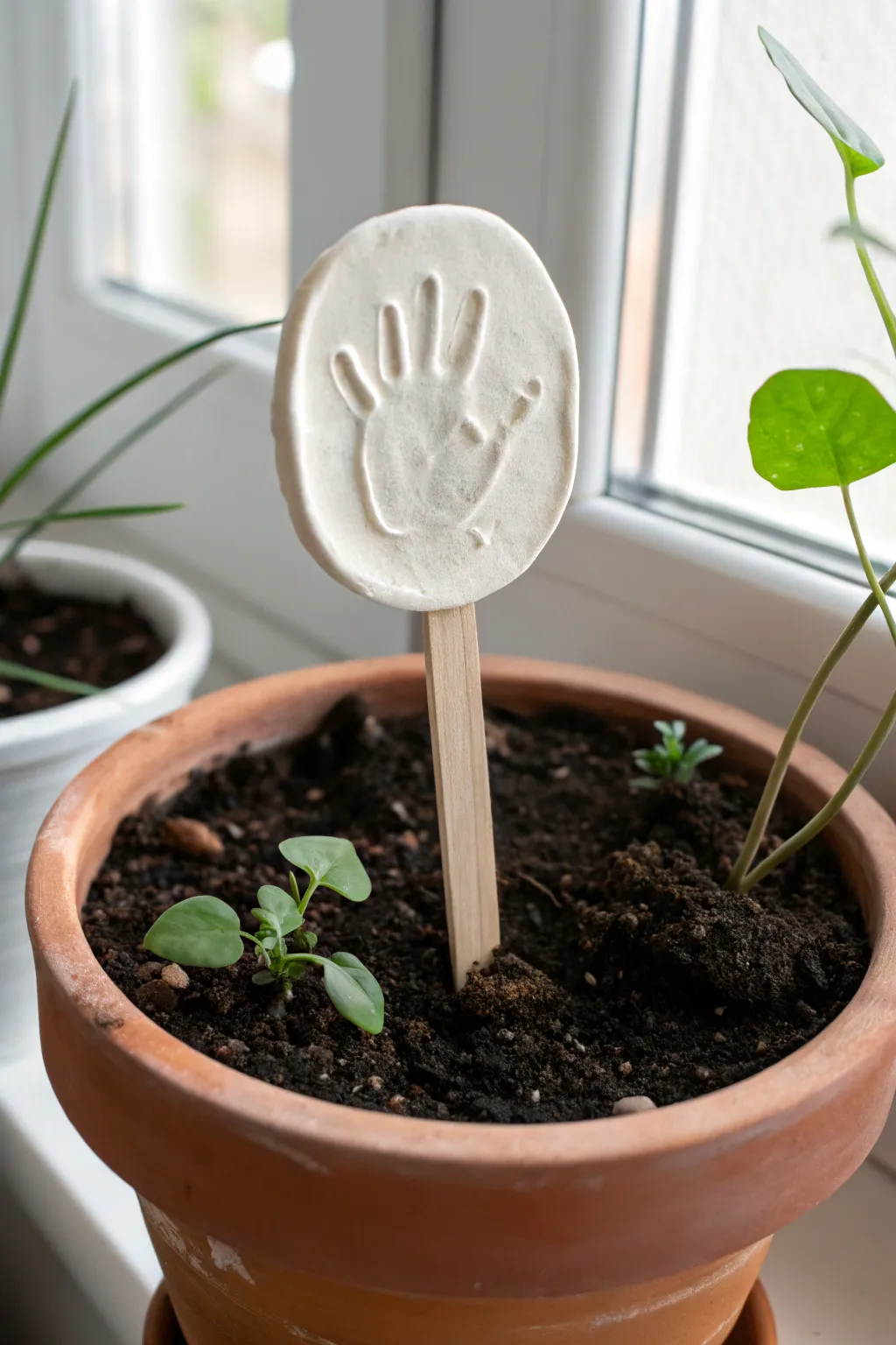 A sweet handprint garden marker plaque that turns a potted plant into a lasting keepsake.