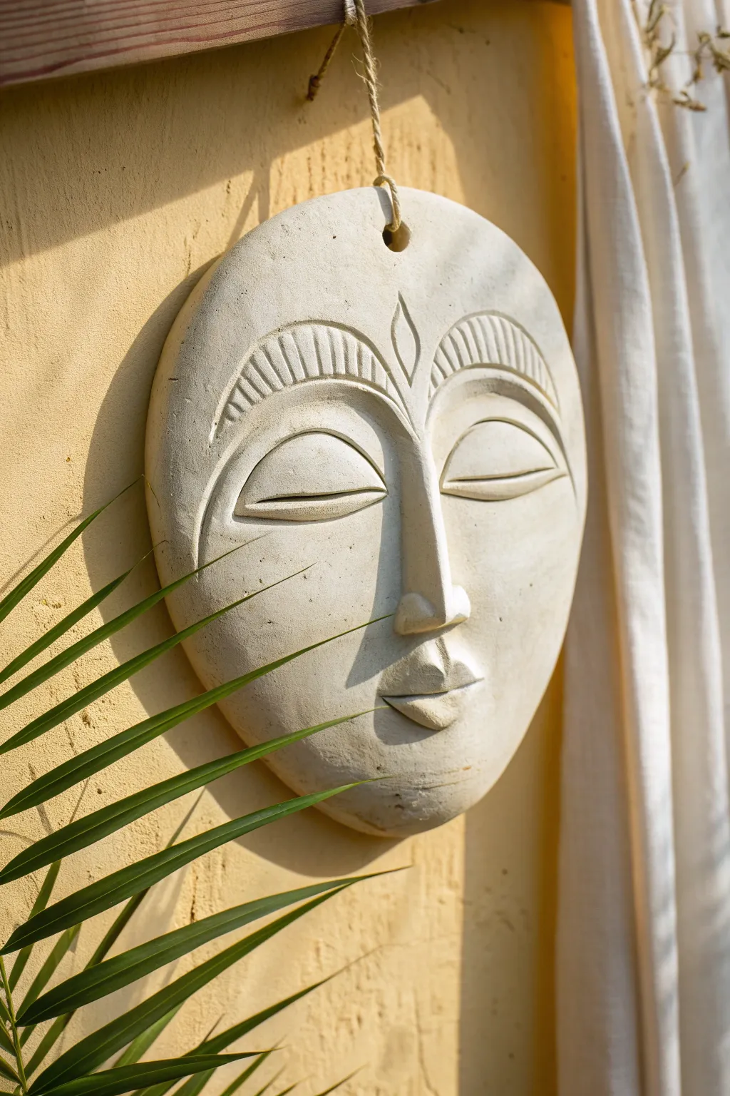 Minimal mask-inspired clay head plaque for calm boho walls, simple brows and lips, handmade charm.