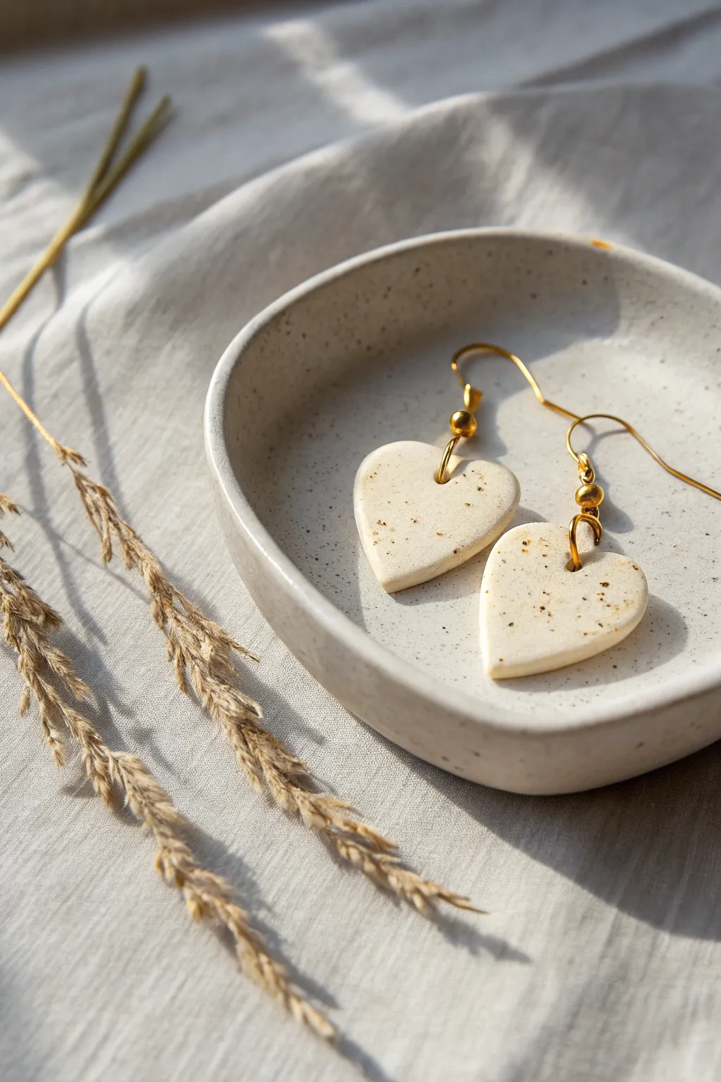Dainty clay heart dangle earrings, softly speckled and styled in a minimal dish for boho calm.