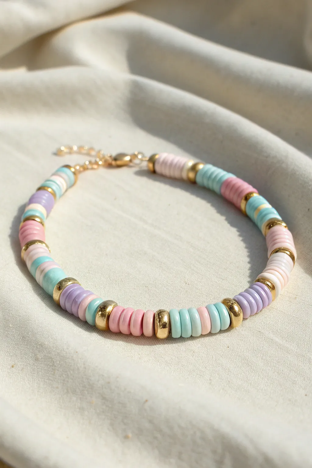 Symmetrical pastel heishi bracelet in a clean Scandinavian flat lay with soft boho charm