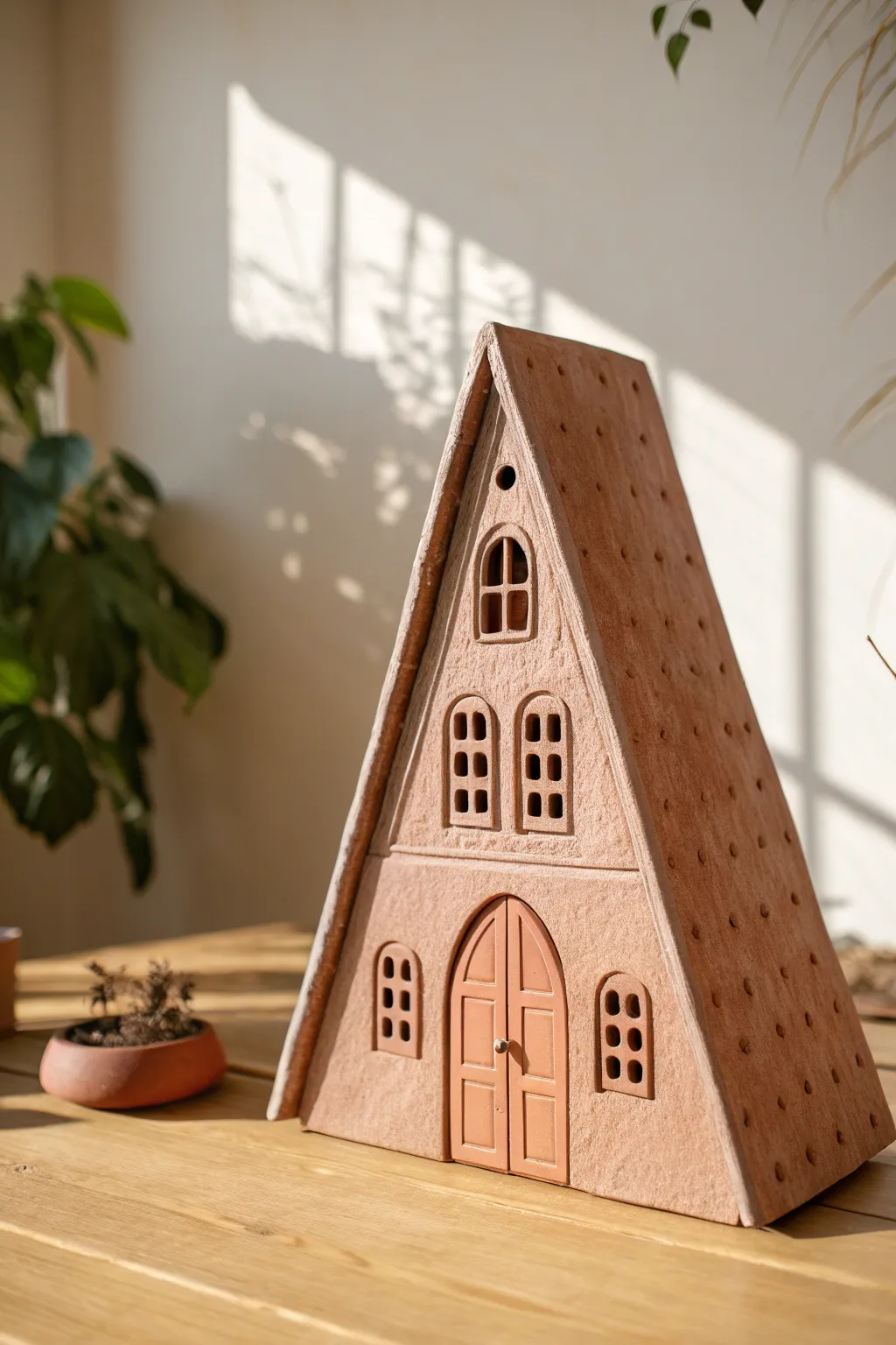Sweet A-frame clay mini house with tall triangle front, simple door, tiny windows in cozy minimal style