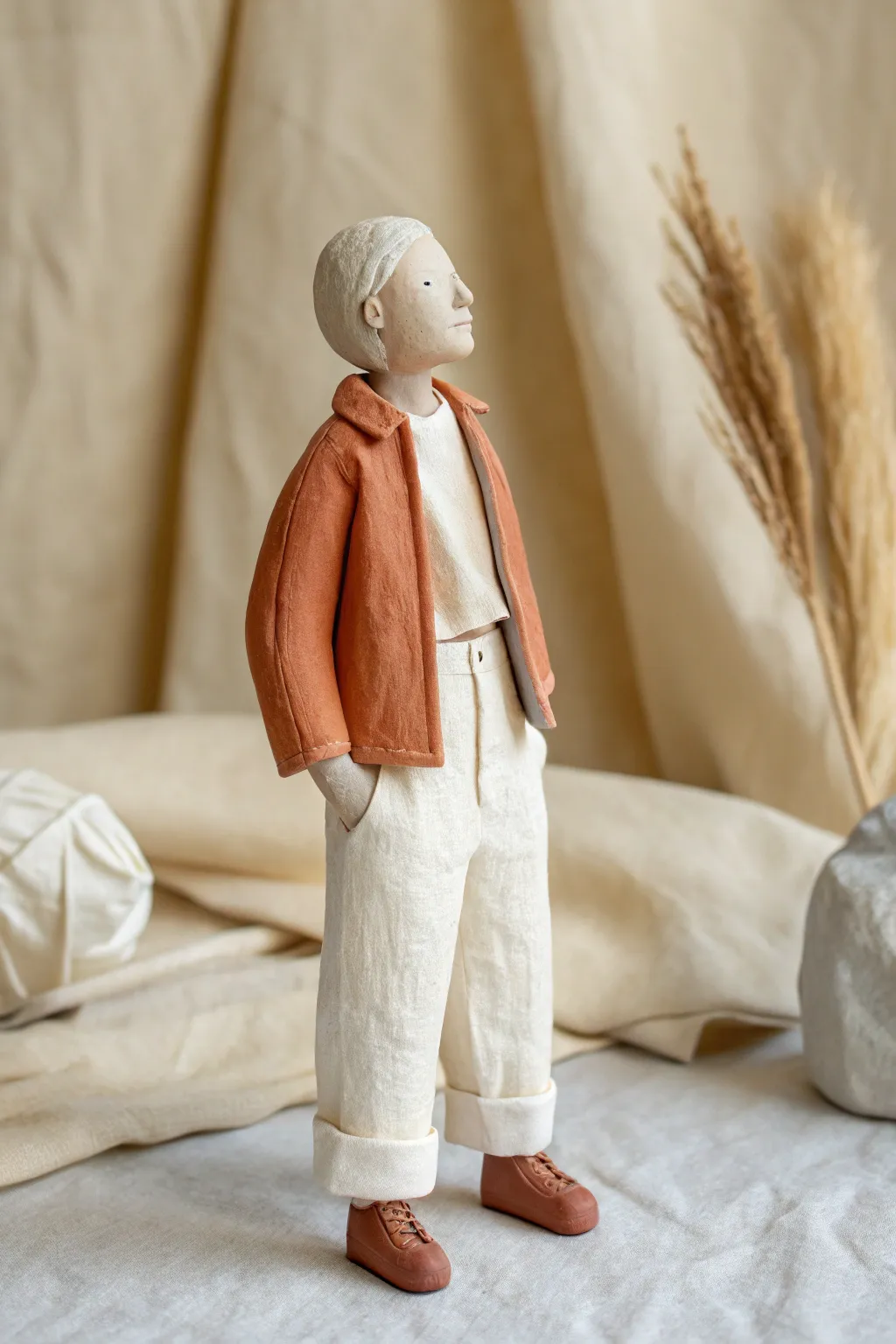 Layered clay outfit adds instant personality with clean seams and calm neutral tones.