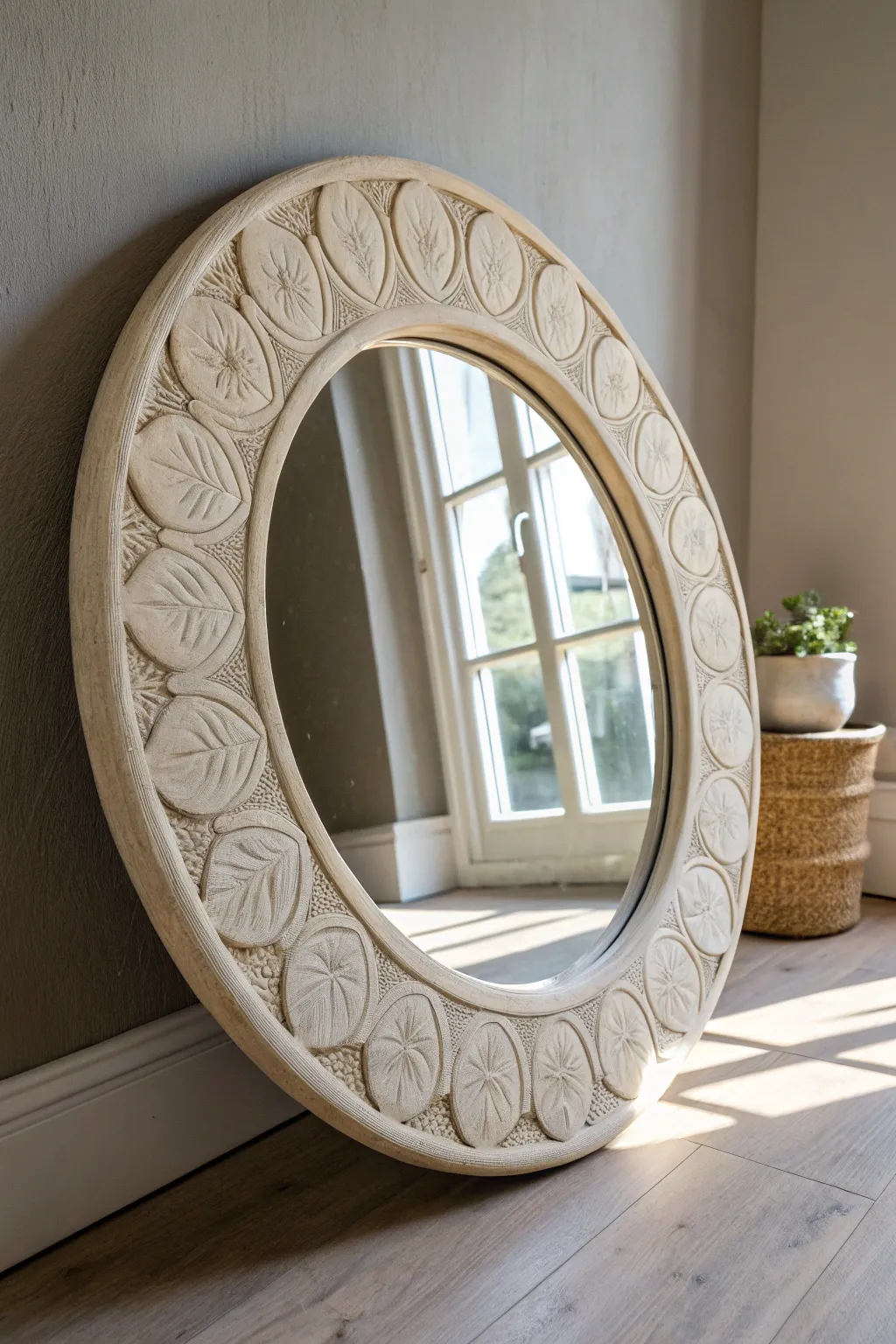 Oversized round mirror with handmade clay relief frame, Scandinavian minimal with boho warmth