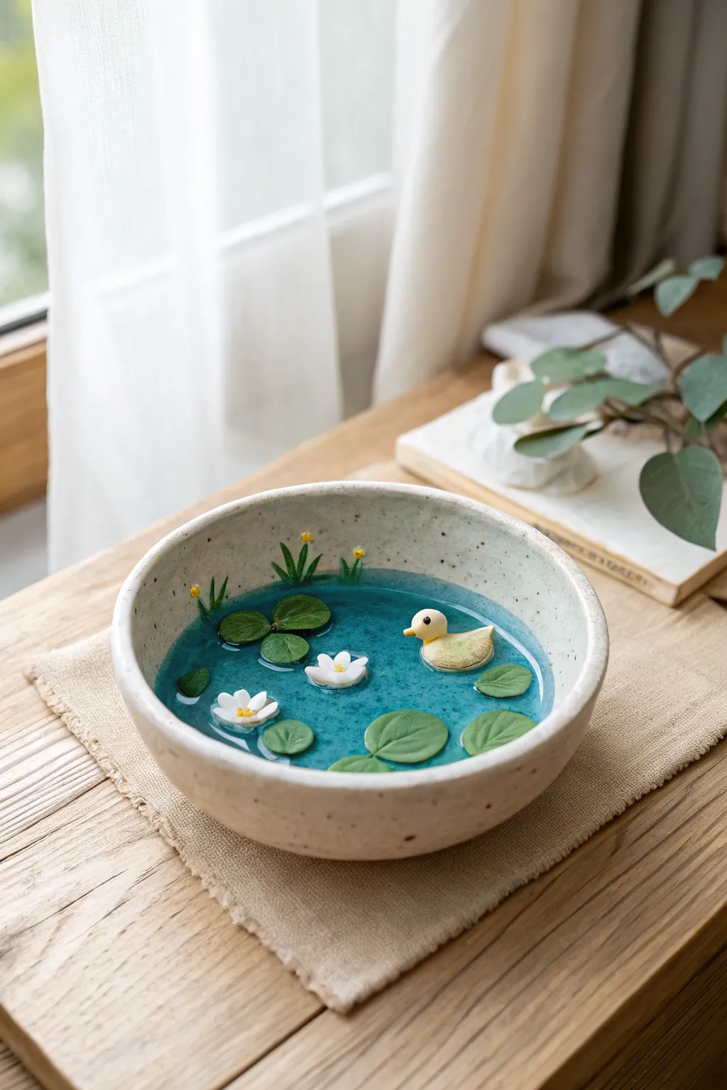A tiny glossy pond world in a little bowl, simple to make and beautifully calming on display.