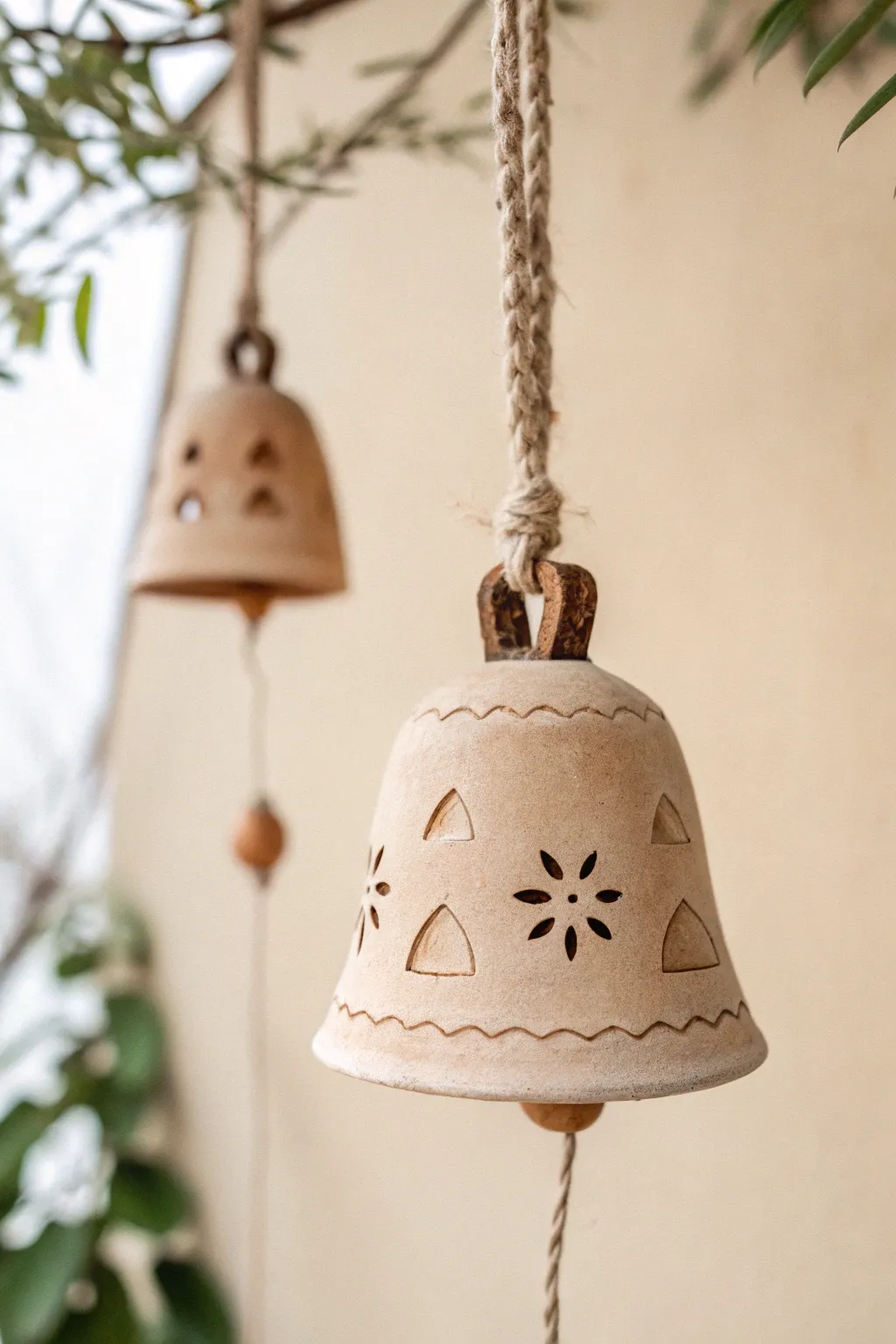 Minimalist hanging clay bell with stamped pattern, soft boho cord, clean studio backdrop.