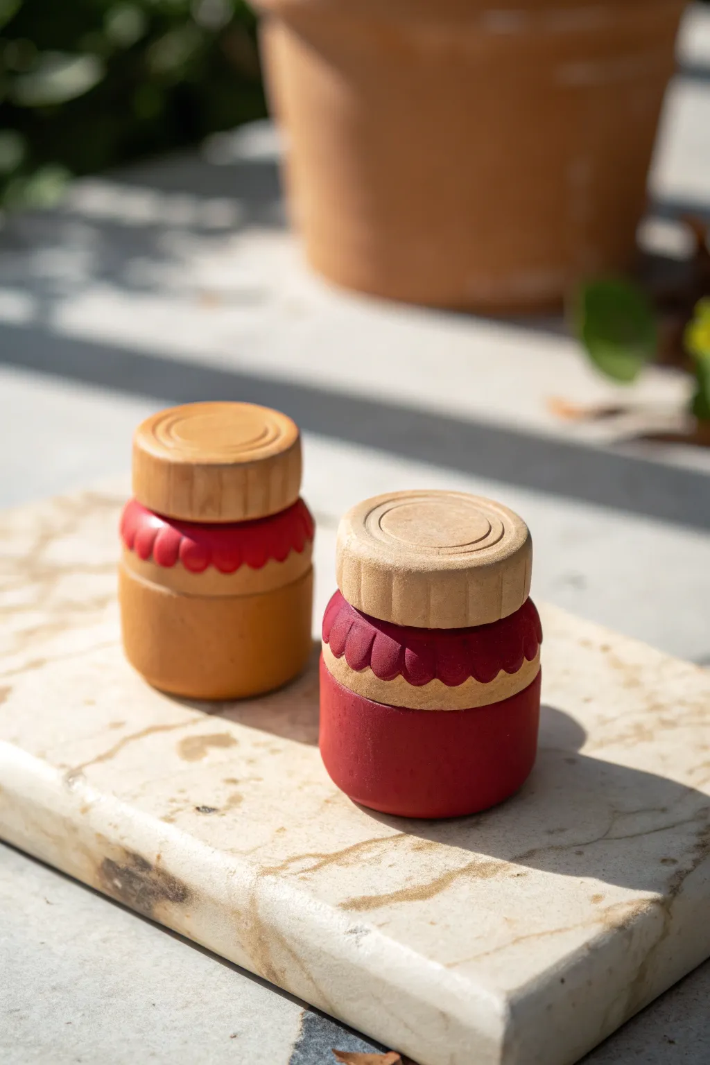 Two tiny clay fridge minis, peanut butter and jelly best friends with bold color pop.