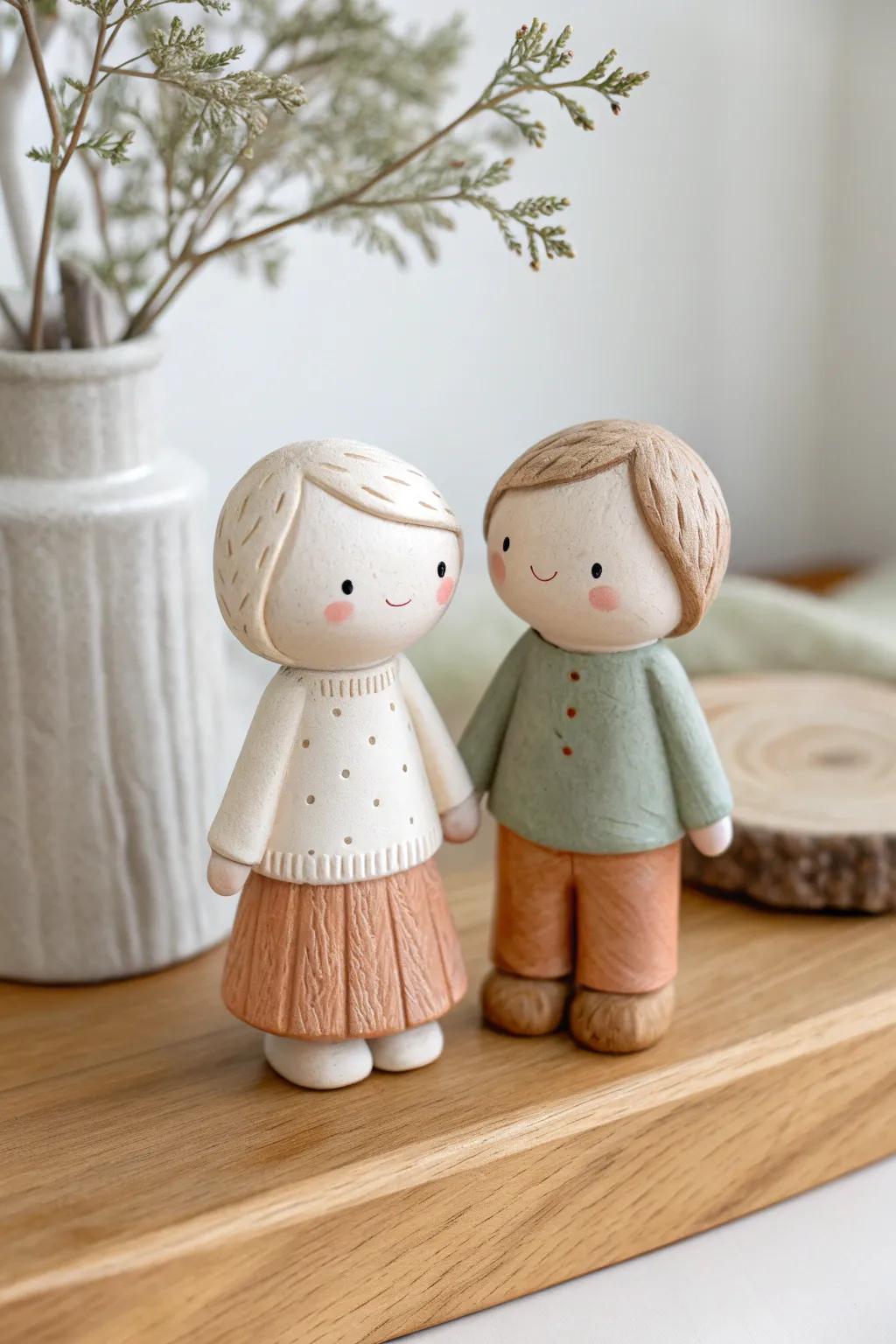 Sweet clay couple figurines in soft pastels, a minimalist keepsake for your memory shelf.