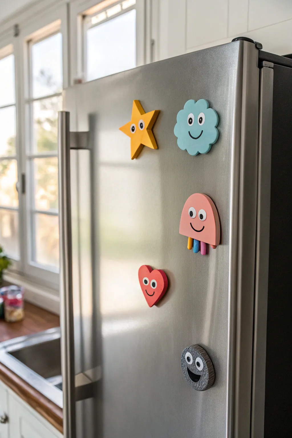 Kid friendly mini clay fridge magnets in bright pastels, simple shapes on cool stainless steel