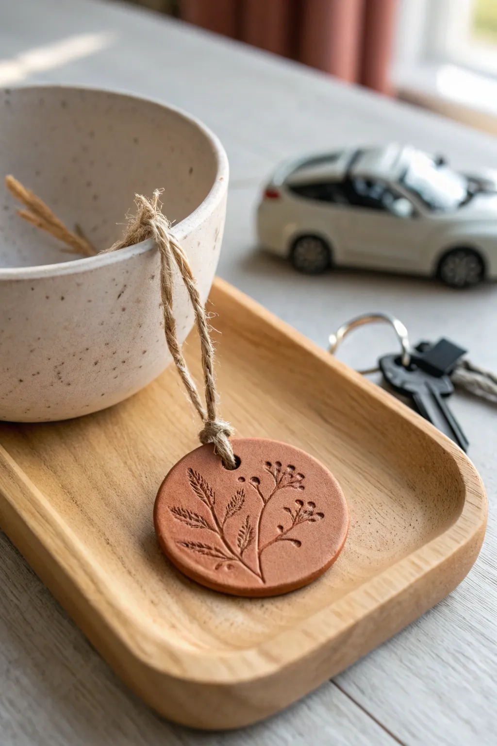 Stamped terracotta diffuser charm on cord, a calming handmade essential oil gift for Mom.