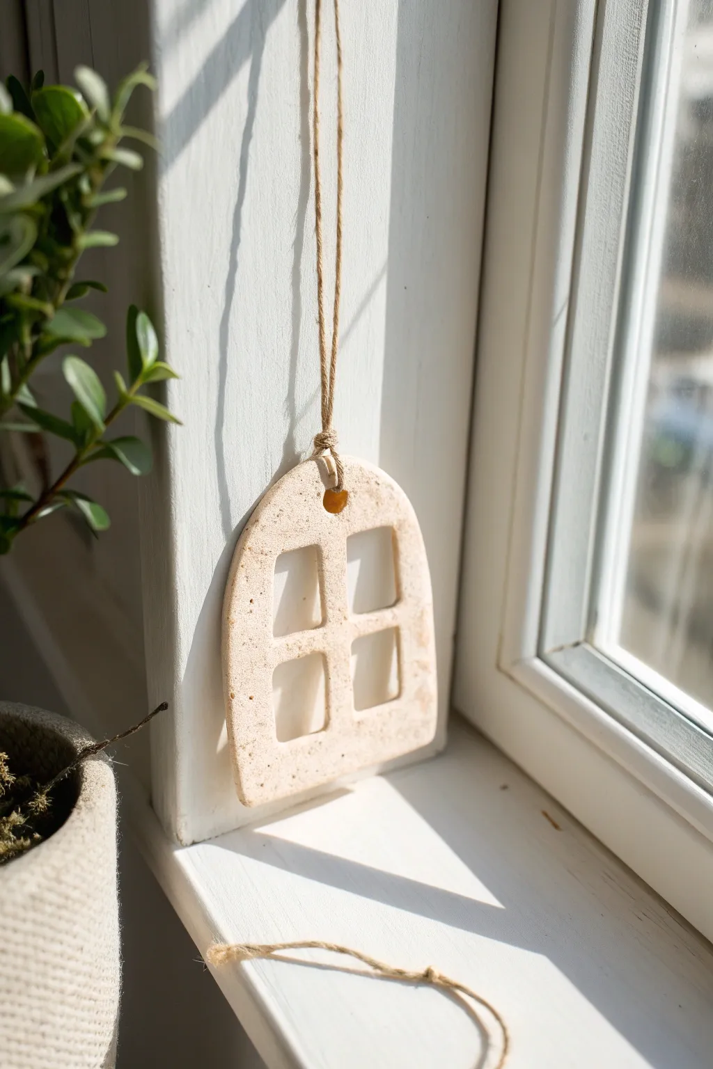 Minimal clay suncatcher charm casting soft dreamy shadows for an airy teen-room window