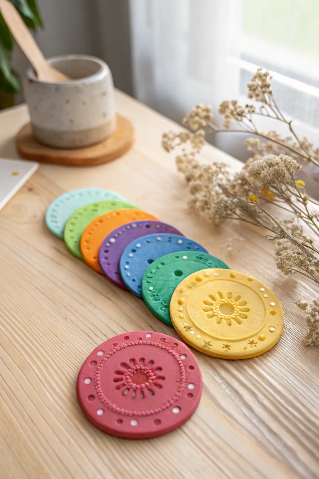 Rainbow bead poke clay discs in soft Scandinavian light, a simple toddler-friendly craft idea.