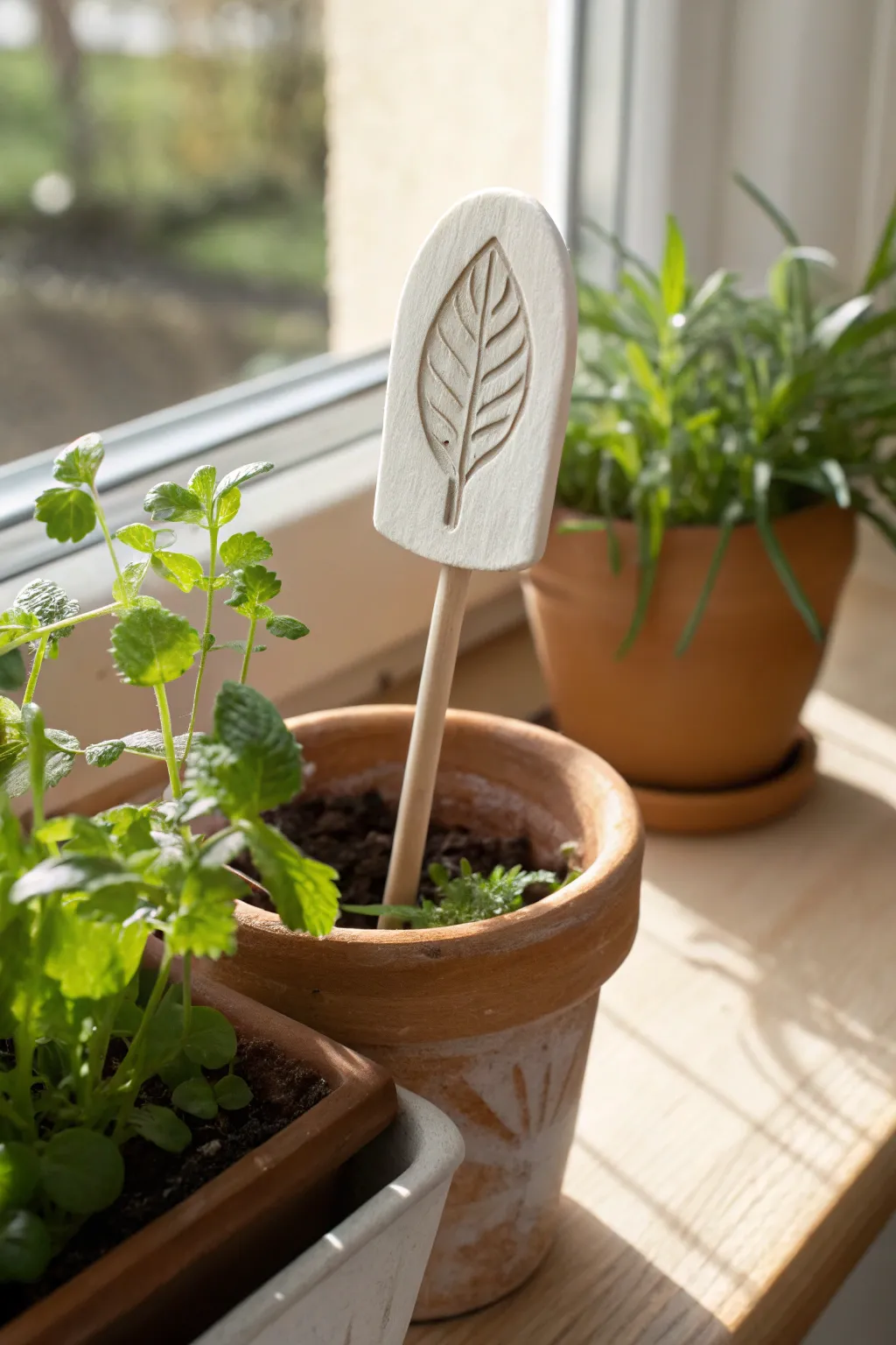 Minimal stamped clay herb marker in a fresh herb pot, perfect handmade garden gift idea.