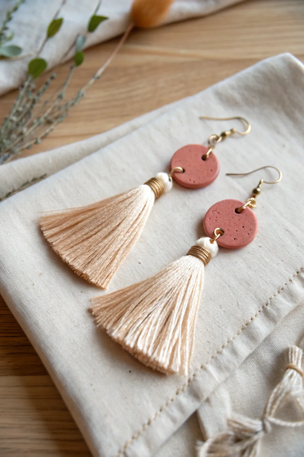 Minimal tassel earrings with clay toppers, styled flat lay for effortless boho elegance.