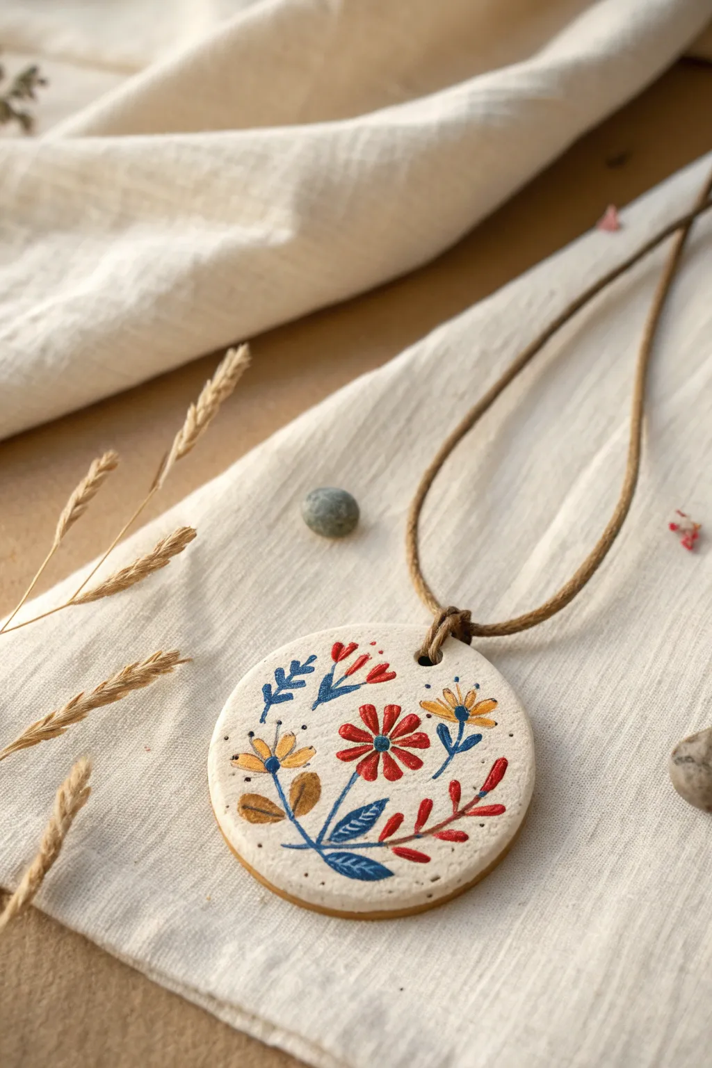 Painted folk-style clay medallion pendant in bold florals, a simple boho statement piece.