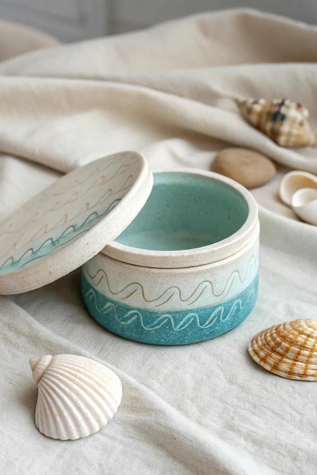 Sea-blue textured clay jewelry box with a shell lid, styled simply with sea glass accents