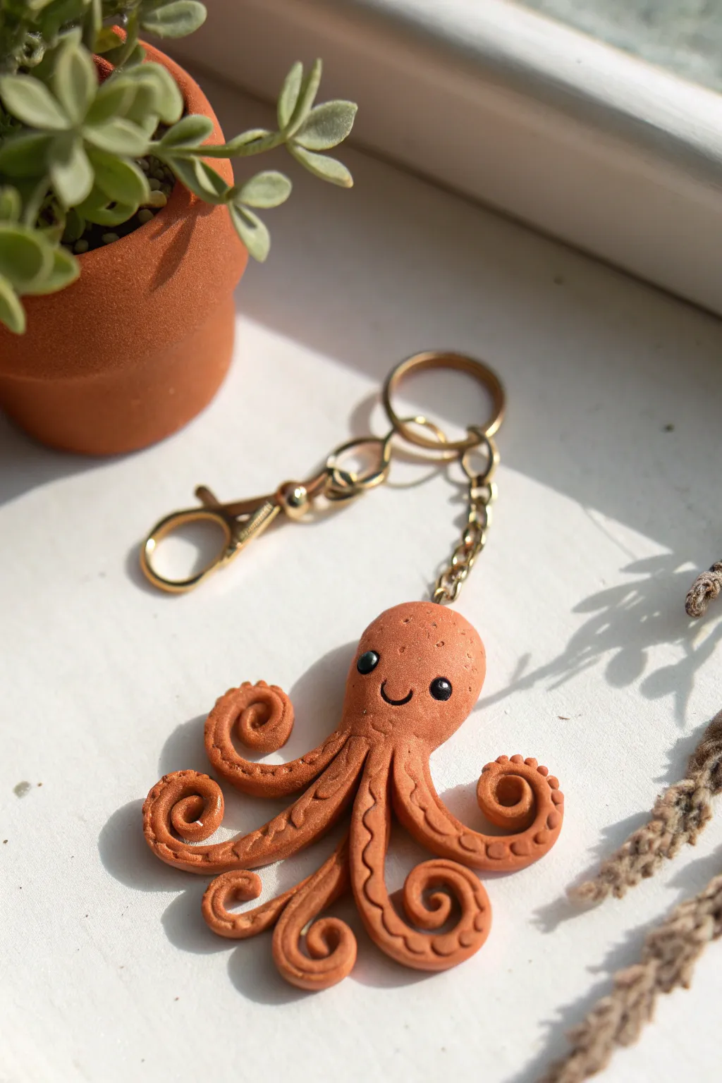 Tiny clay octopus keychain with curled tentacles, minimalist and sweet for everyday keys.