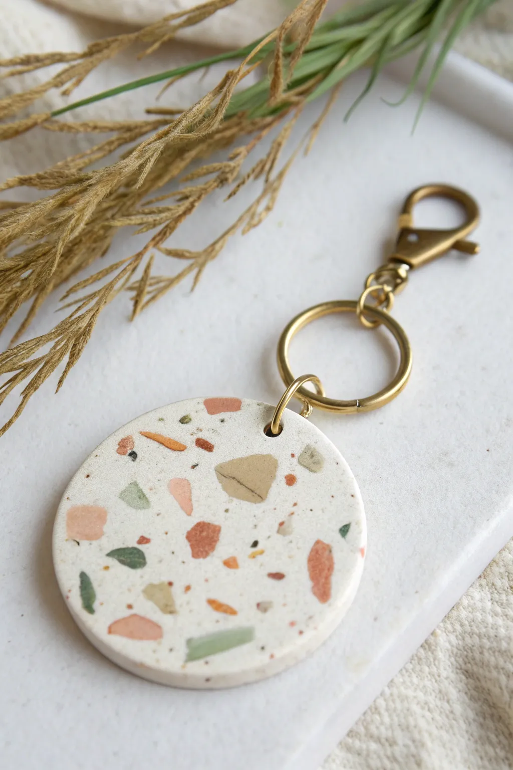 Terrazzo speckled clay disc keychain with brass hardware, minimal and warmly handmade