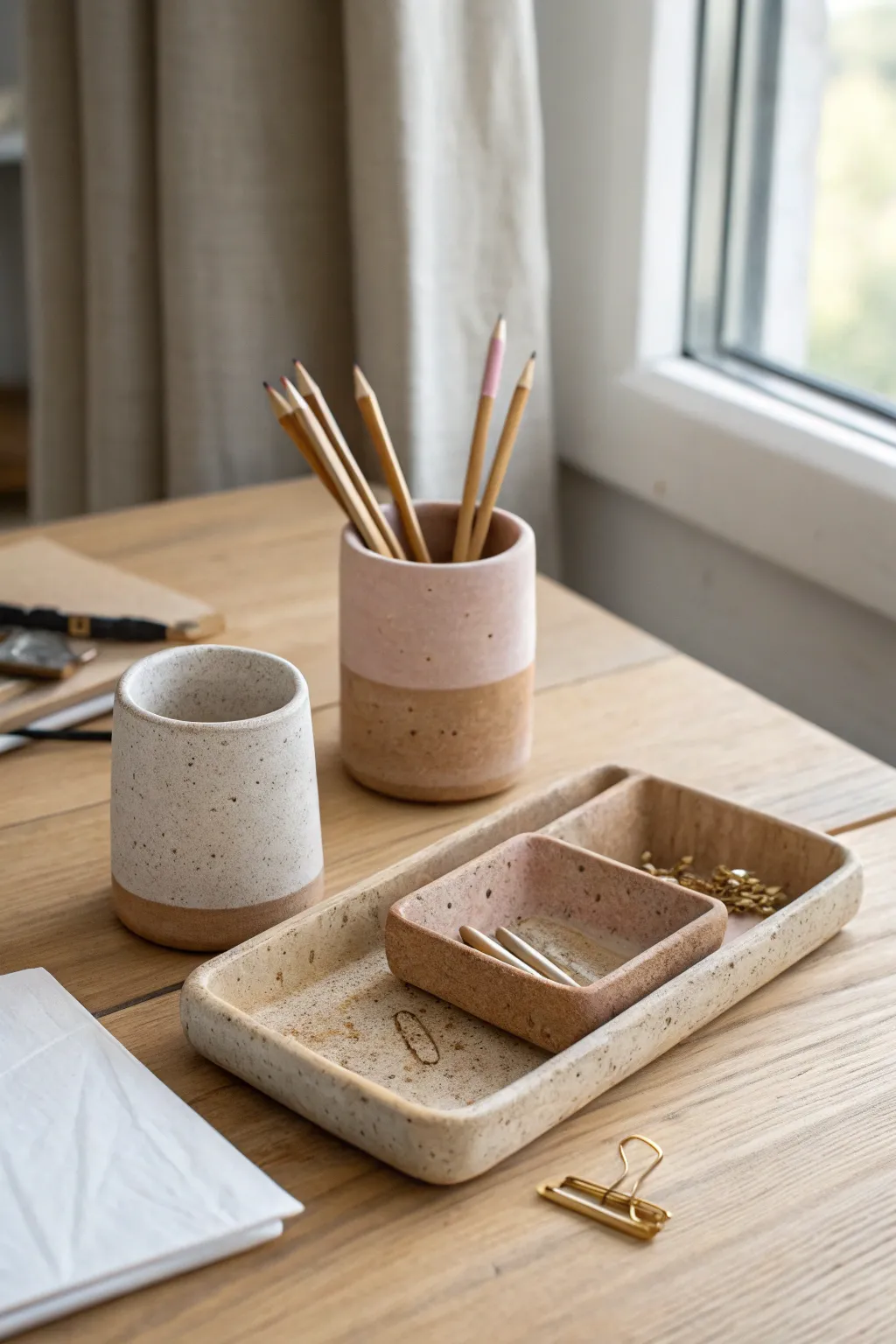 Desk organizer essentials in soft clay tones: pencil cup, catchall tray, paperclip dish.