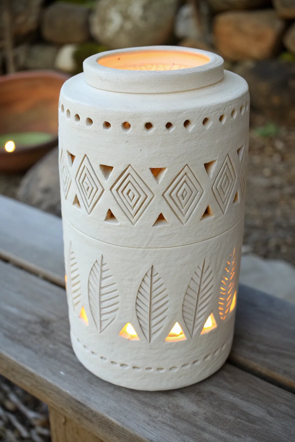 Warm sgraffito-carved clay lantern glowing through crisp backlit lines and simple patterns