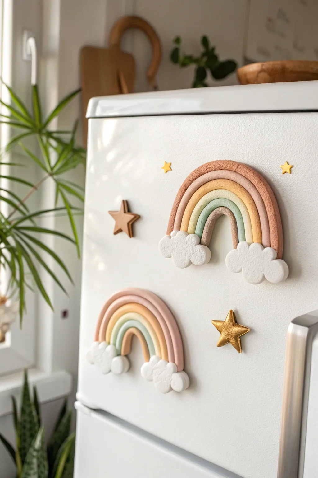 Cozy pastel rainbow and cloud clay magnets with tiny stars for instant happy color