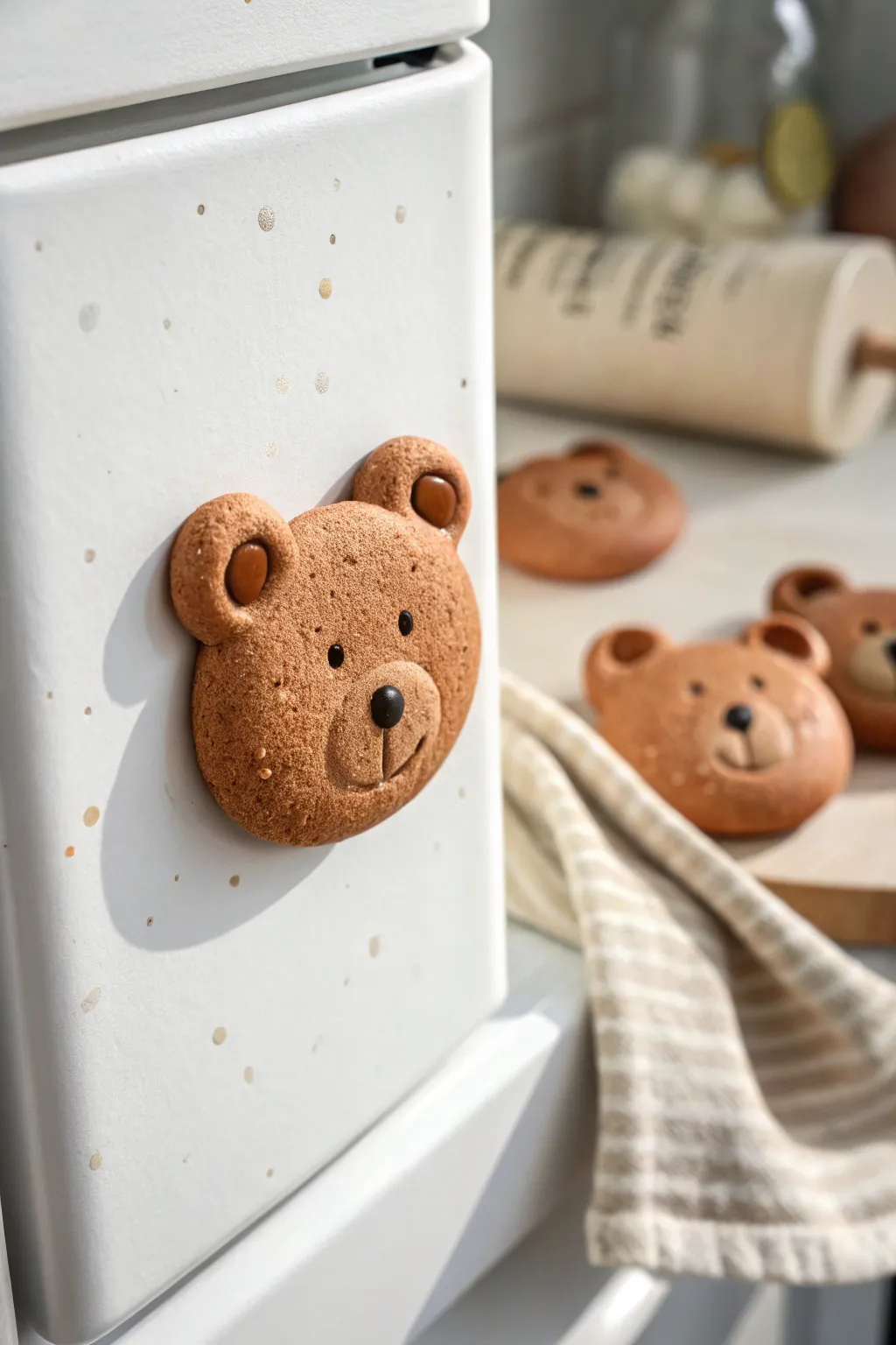 Sweet bear face clay magnet in warm browns, a simple kids craft that looks chic on any fridge