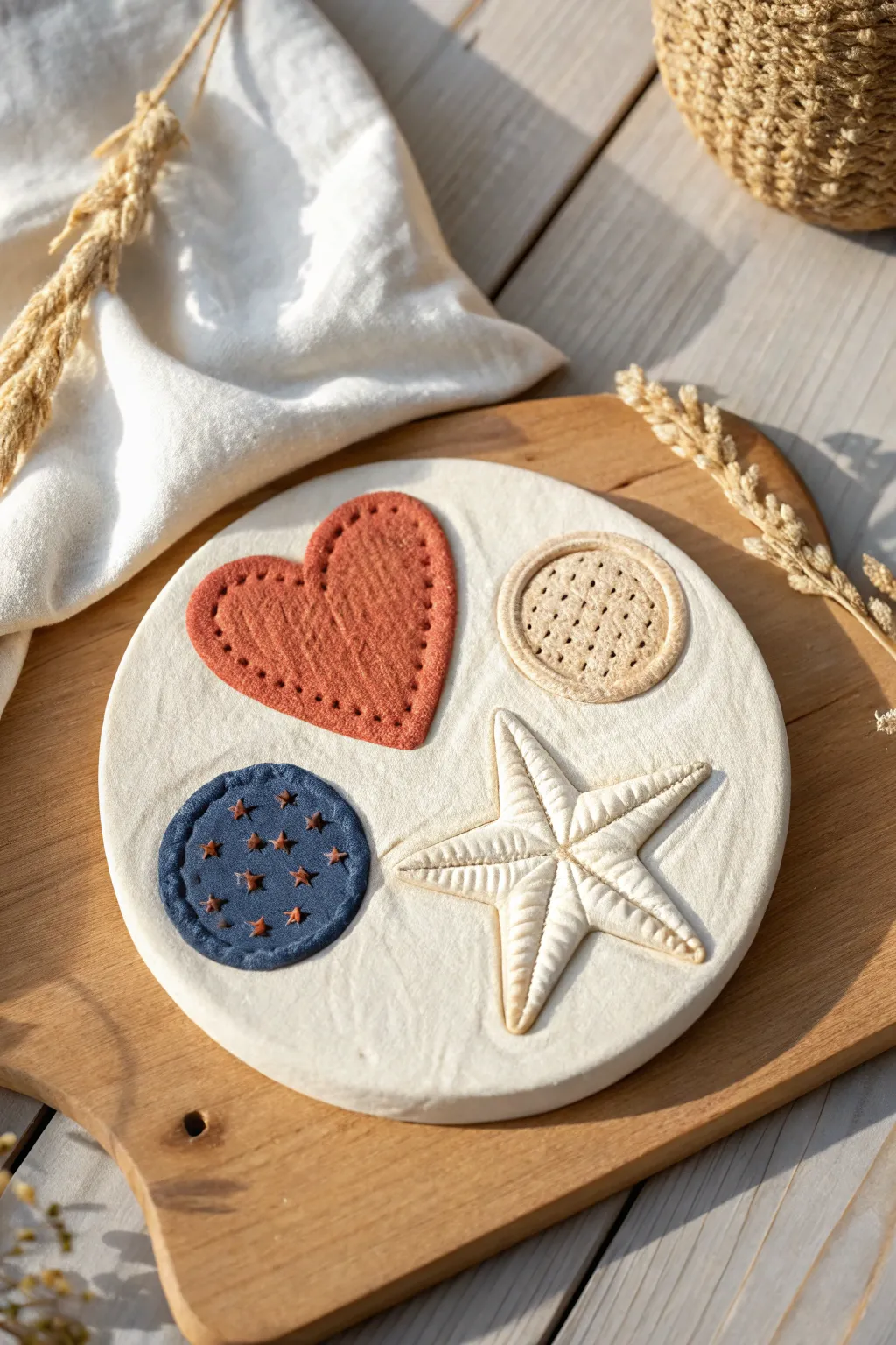 Kids texture hunt clay plaque with heart, star and circle imprints in bold contrast colors