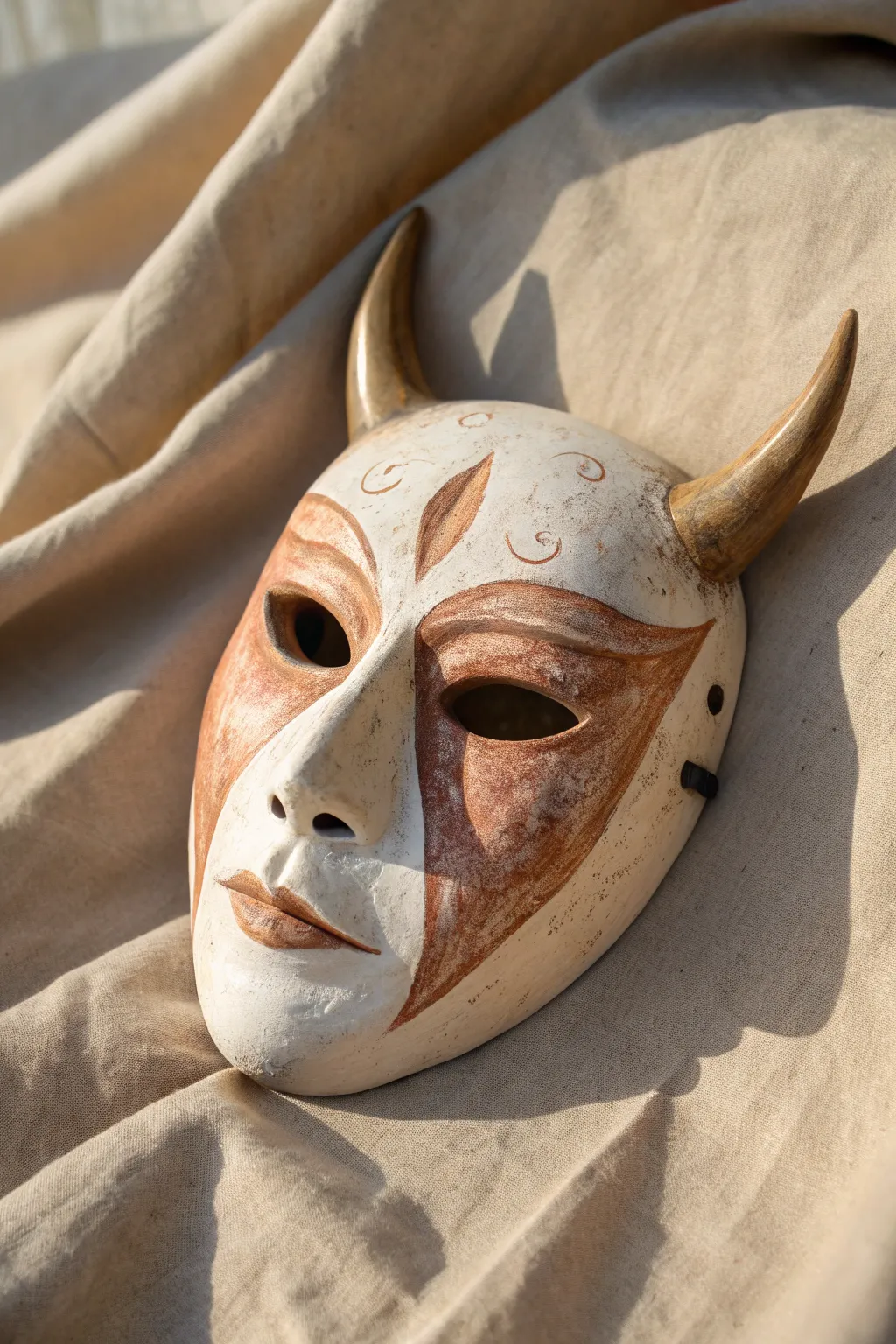 Fantasy clay mask with small horns and sculpted cheekbones in clean two-tone glaze
