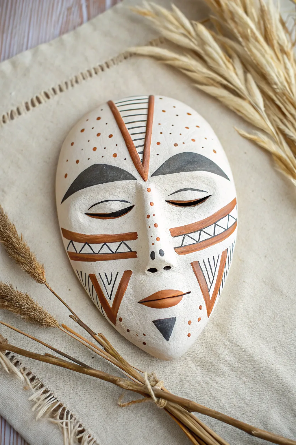 Minimal geometric clay face mask with carved and raised patterns in a crisp earthy palette