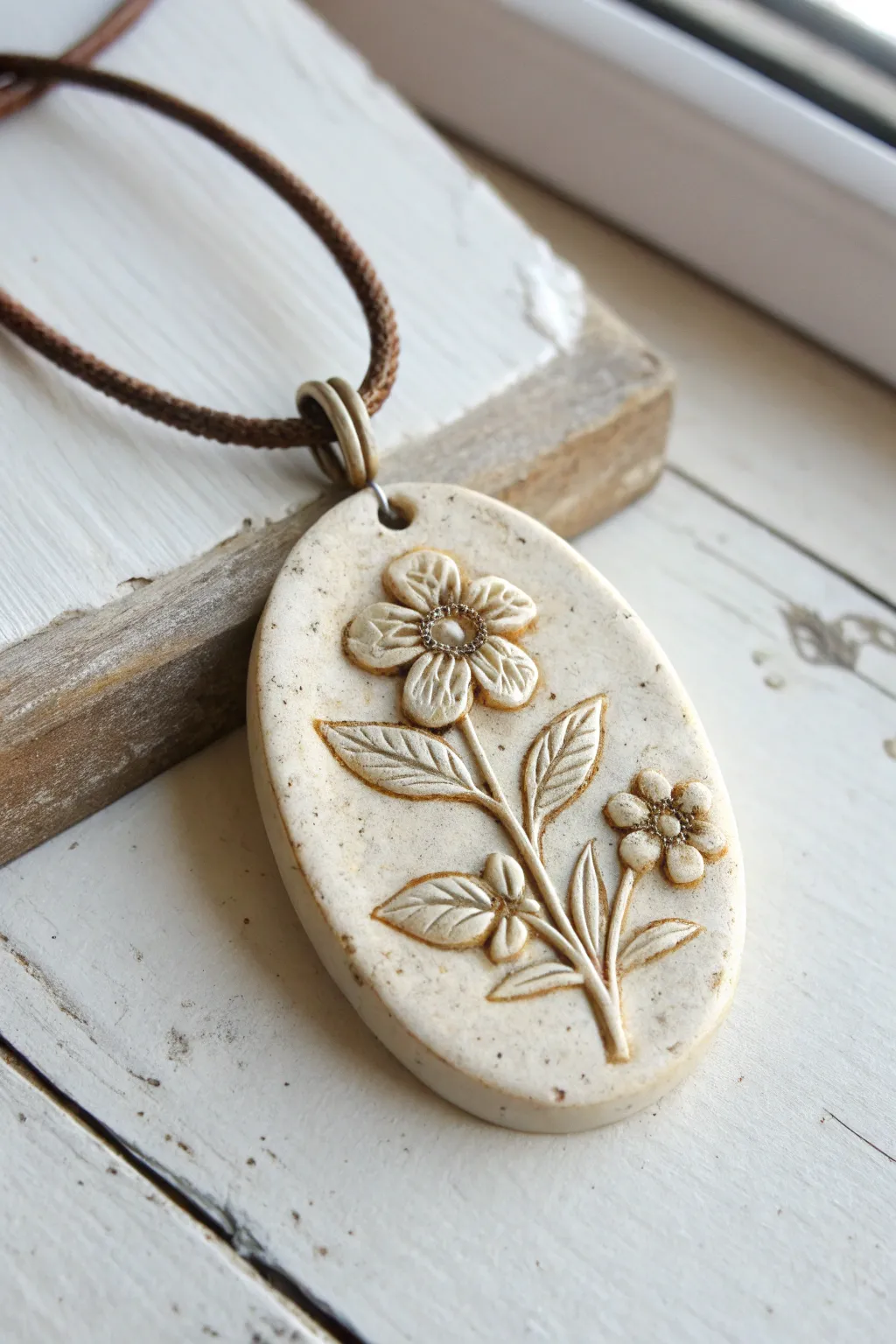 Oval clay pendant with raised floral cluster and subtle antique wash for crisp, handmade detail.