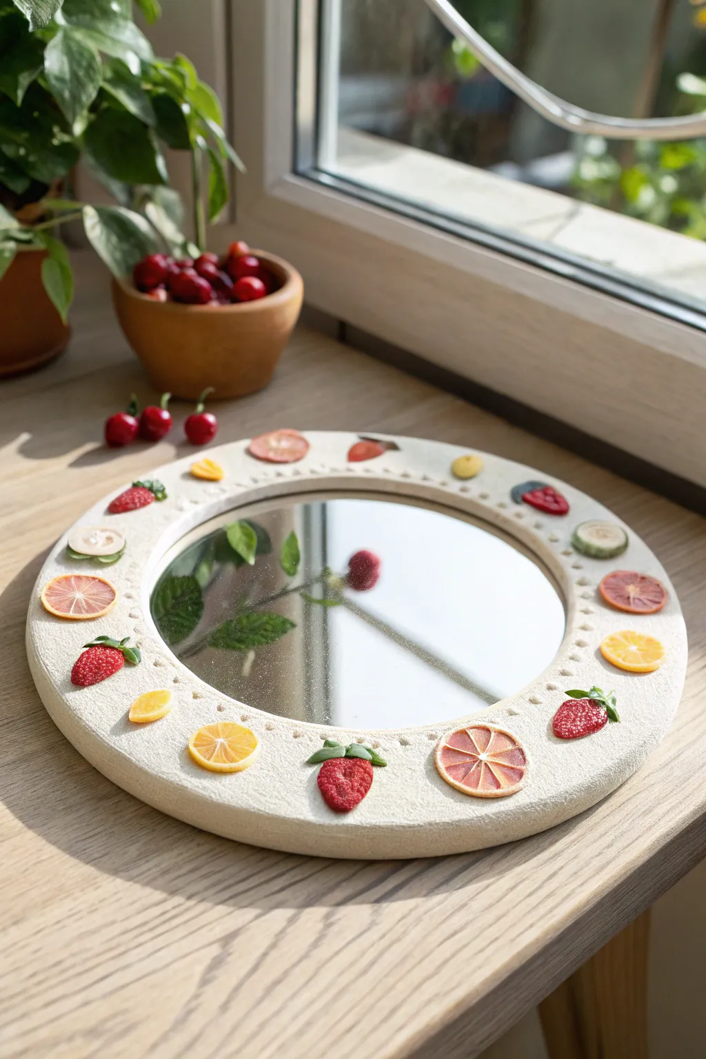 Mini fruit charms around a clay mirror rim for a playful, bright Scandinavian boho accent