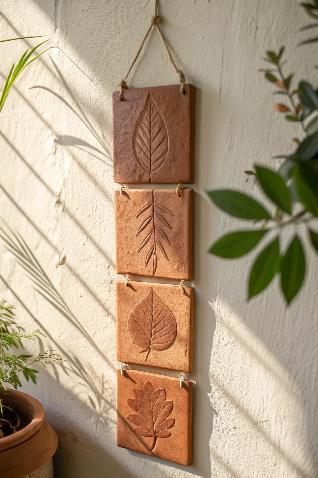 Botanical clay imprint tiles wall hanging with soft plant shadows and calm, natural textures