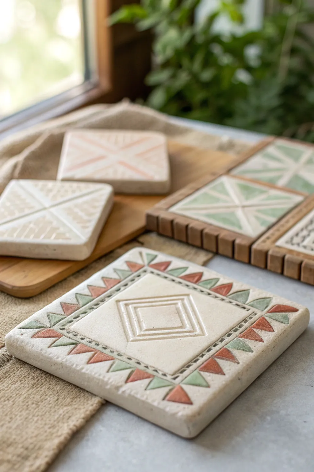 Finished clay stamping tiles for kindergarten fun, minimalist shapes with soft boho borders