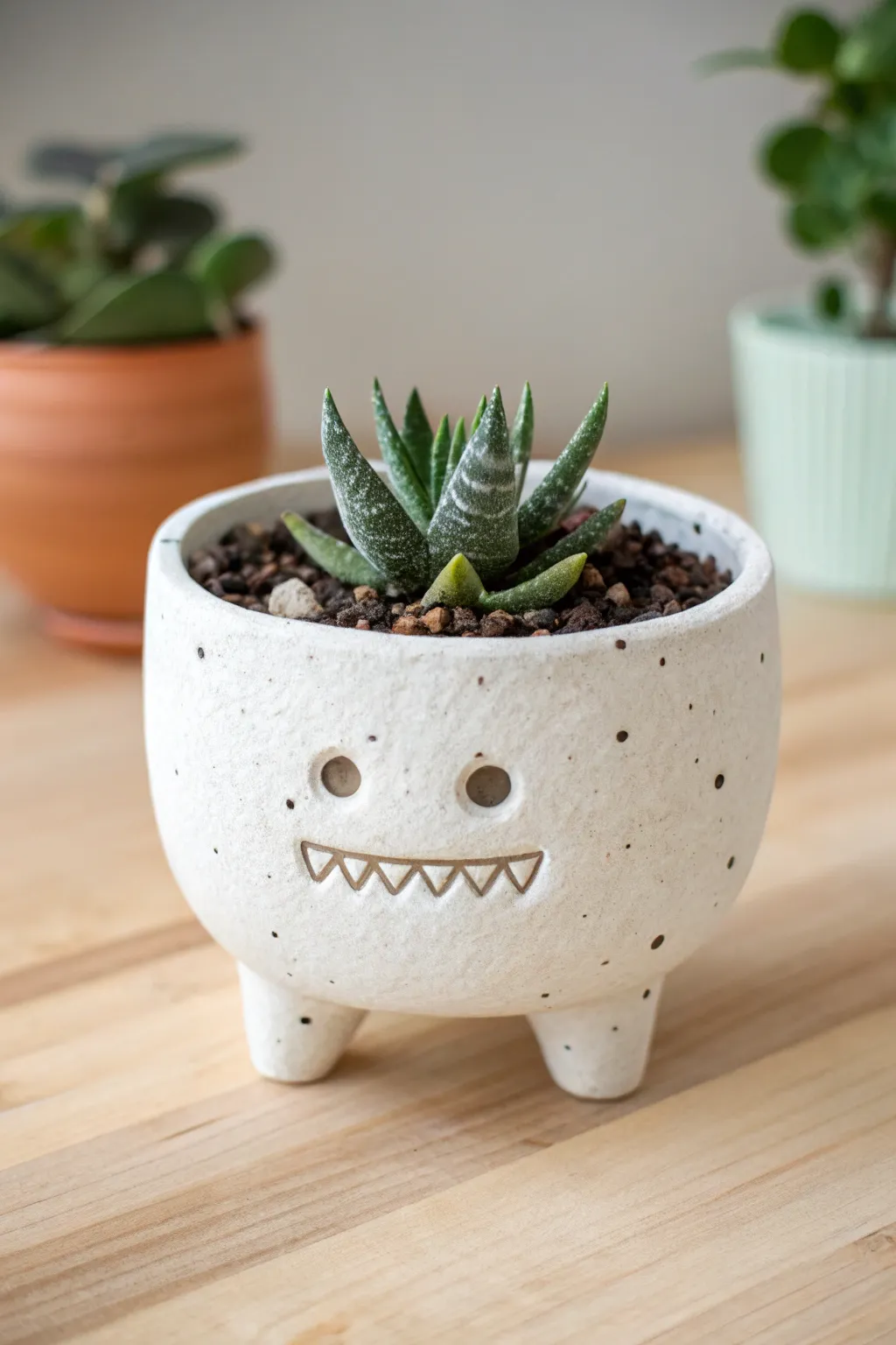 Mini monster planter with chunky bite-edge teeth and a tiny succulent for playful charm