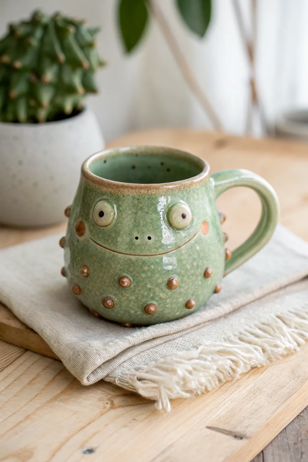 Warty toad-skin monster mug: cute-gross bumps and glossy glaze for playful pottery vibes.