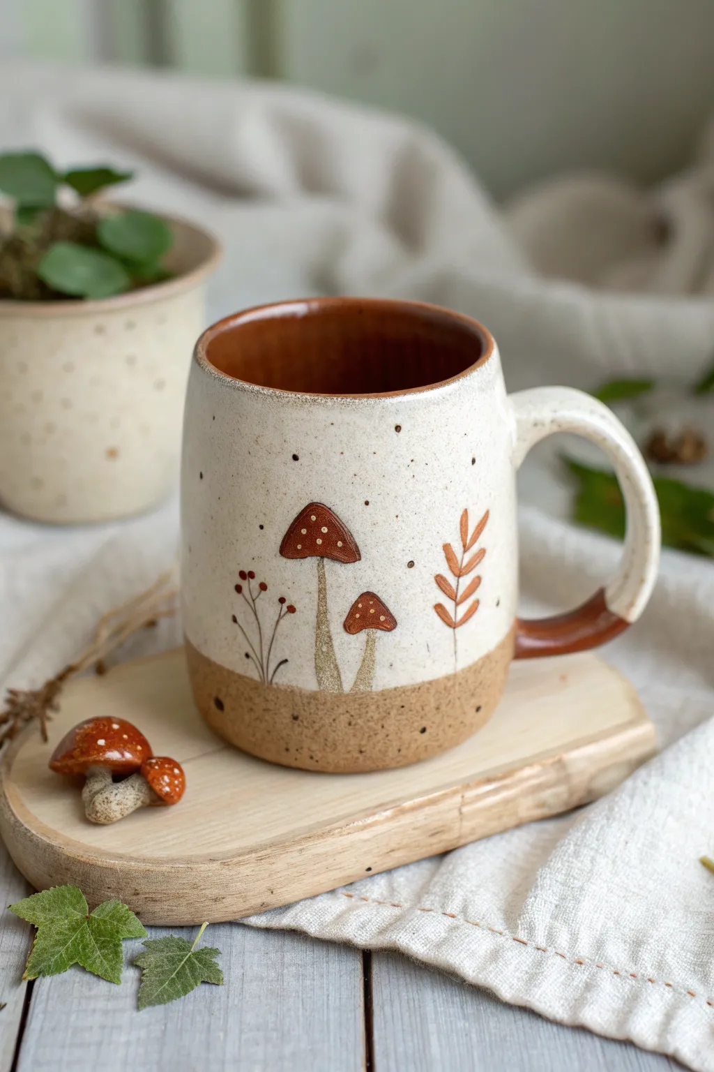 Woodland-inspired clay mug with cute mushroom and leaf add-ons in cozy earthy tones