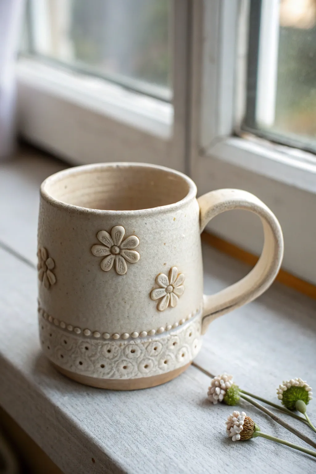 Soft minimalist mug with tiny raised flower buttons, an easy DIY detail with sweet boho charm.