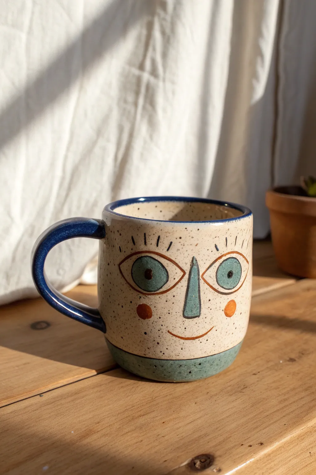 Quirky face mug with mismatched eyes and a crooked smile, glazed in bold minimalist tones.