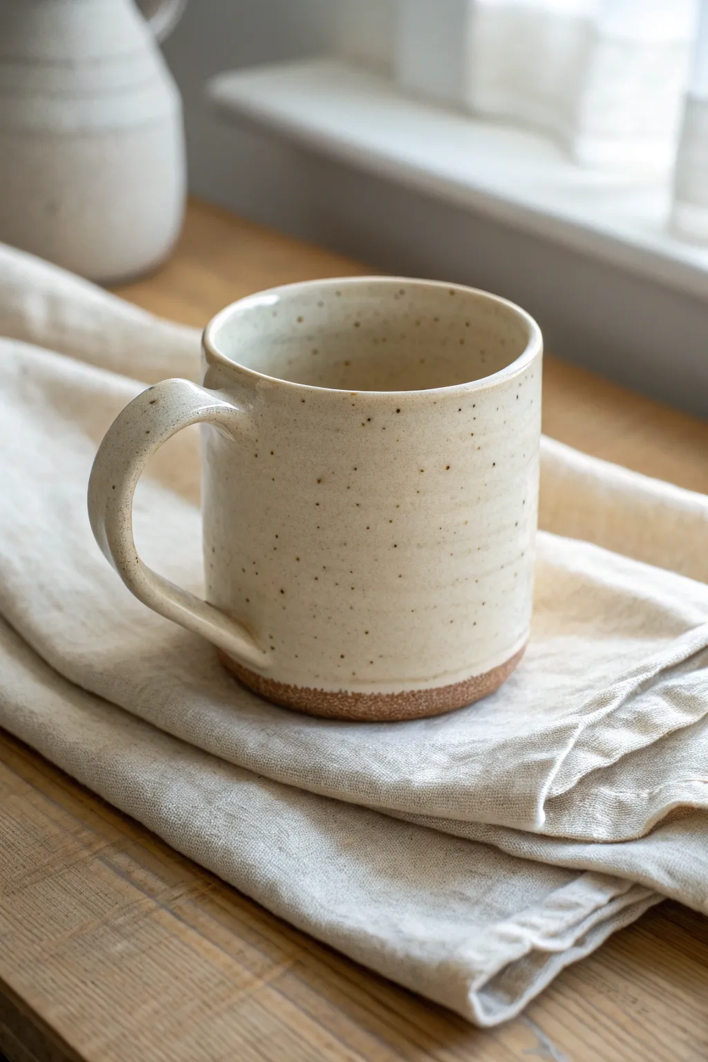 Minimalist clay mug with a ribbon-flat handle and a soft twist for easy, elegant shaping.