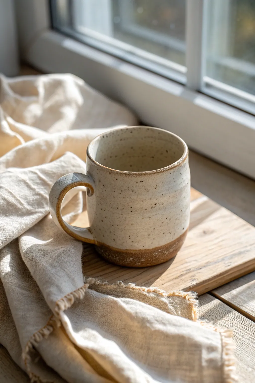 Wavy rim clay mug with a gentle handmade curve, minimalist styling and cozy natural tones.