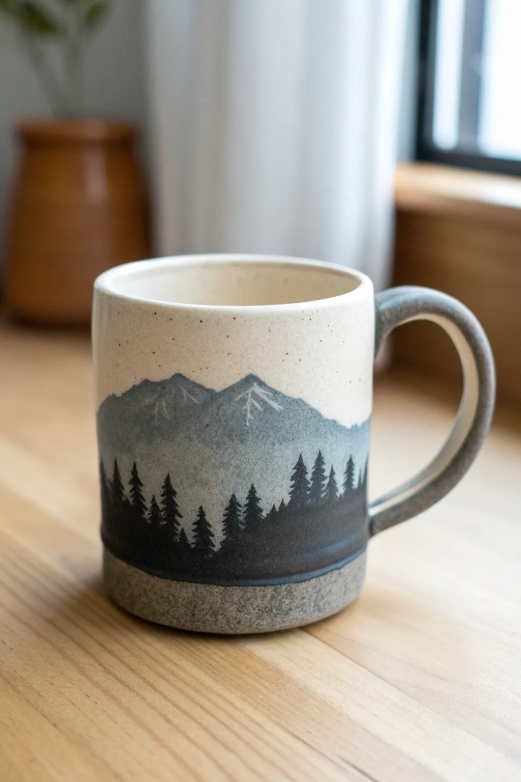 Minimalist clay mug with charcoal mountain band, calm sky glaze, styled in soft natural light.