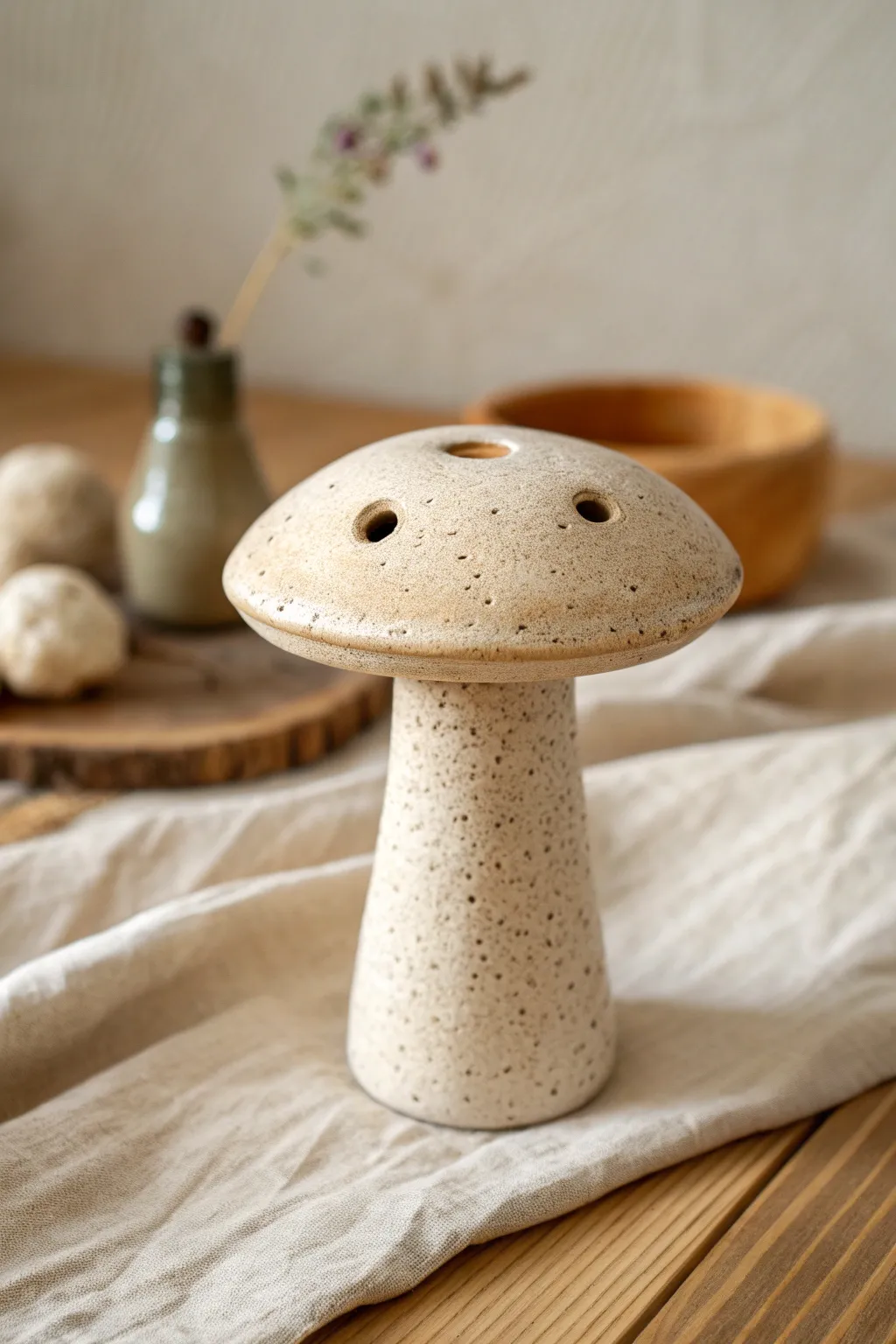 Curved-stem clay mushroom incense holder with a tidy ash-catching cap, calm and minimalist