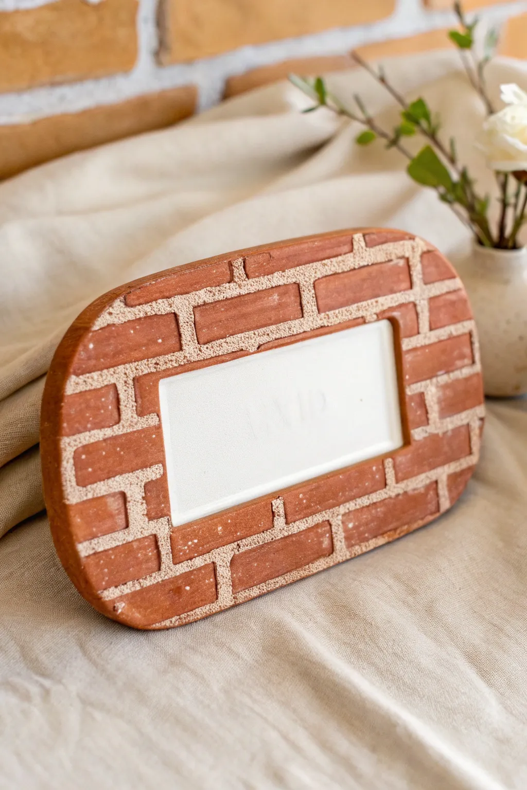 Faux brick textured clay plaque in two-tone matte finish, minimalist Scandinavian boho style.