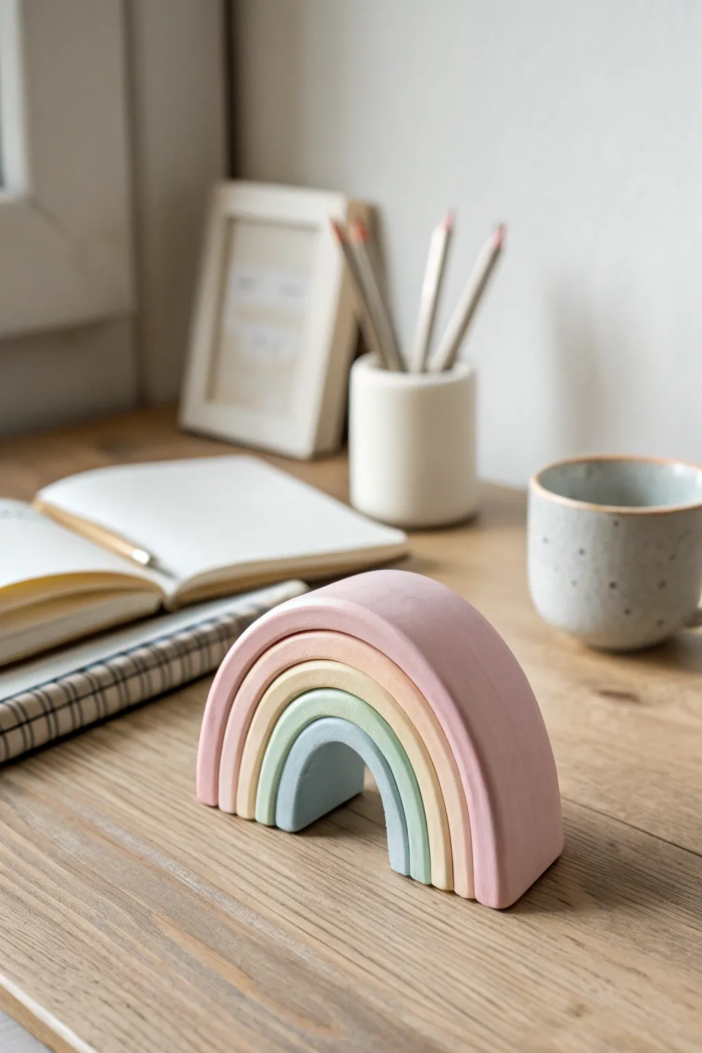 Pastel rainbow arch clay decor bringing soft boho warmth to a minimalist desk nook.