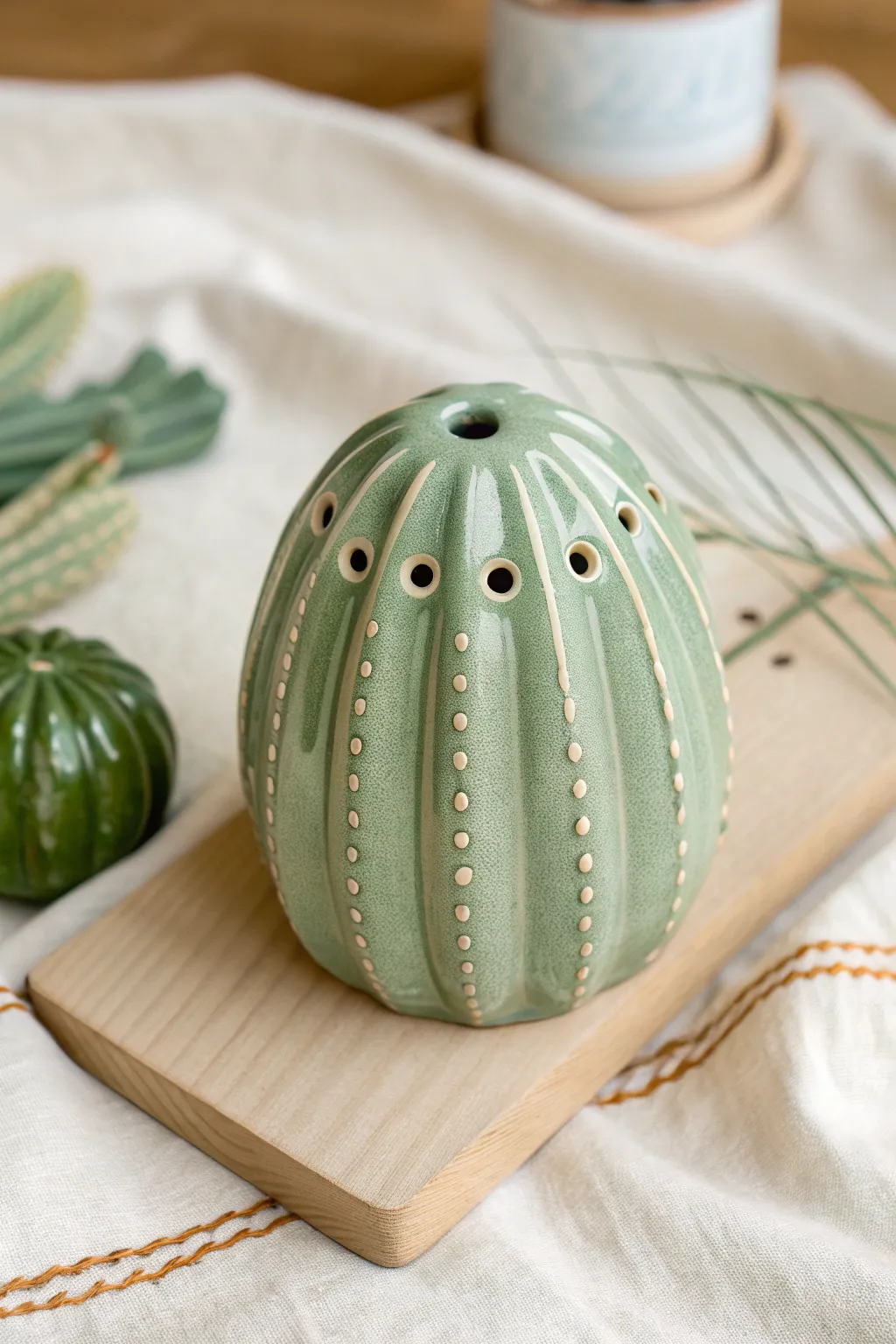 Soft green cactus ocarina with dotted finger holes, minimalist boho charm for your studio shelf.