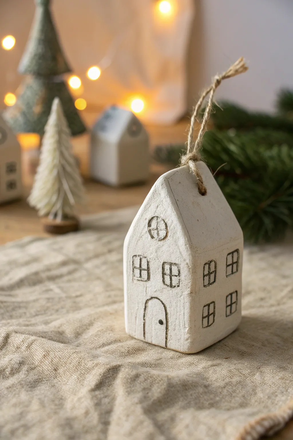 Tiny clay house ornament with carved details, perfect for a cozy village tree theme