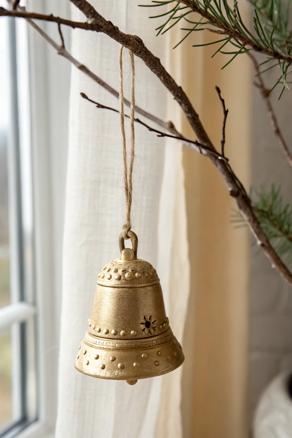 Minimal jingle bell clay ornament in metallic gold, simple and kid friendly for festive trees.